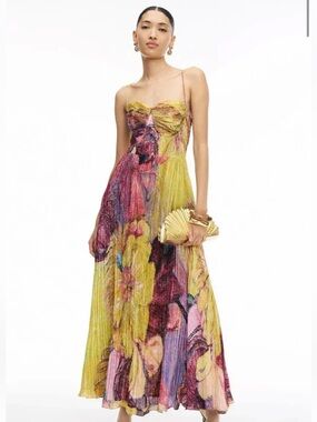 Floral Pleated Maxi Dress in Yellow and Pink